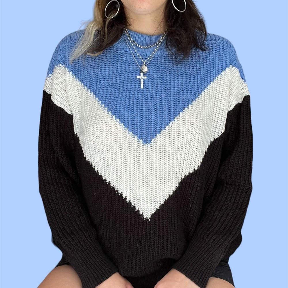 80s Inspired Black White Blue Chevron Ski Chunky Knit Sweater